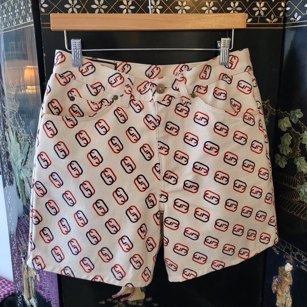 Gucci Men's GG Logo-Print Denim Shorts